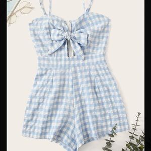 Blue and white gingham plaid romper front keyhole